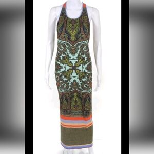 Clover Canyon Sleeveless T-Back Teal Vibrant Abstract Print Stretch Maxi Dress S